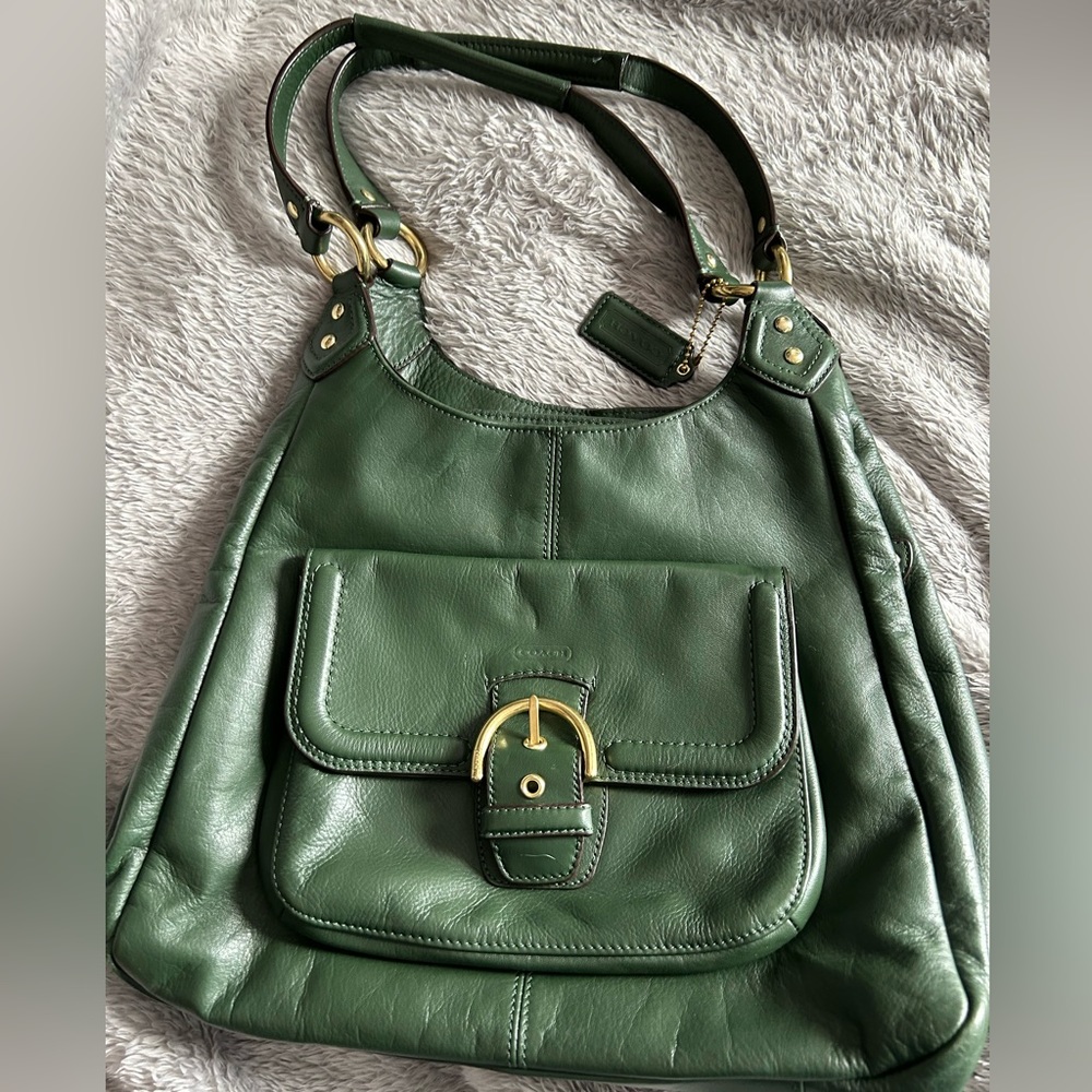 Coach triple entry green leather bag